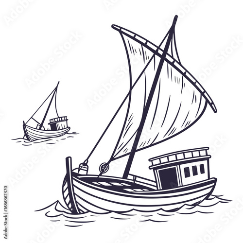 Two traditional wooden sailing boats with billowing sails navigate the wavy ocean waters in a simple line drawing