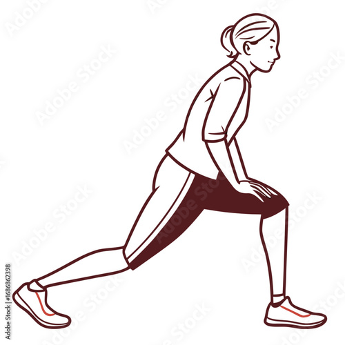 Woman performing a deep lunge stretch exercise for fitness and flexibility in a minimalist outline style