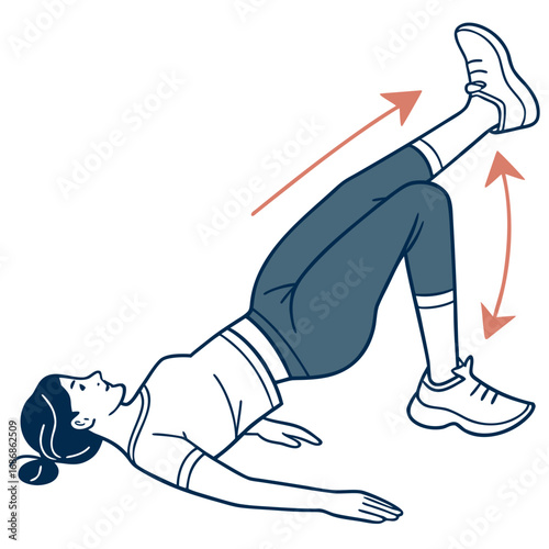 Woman performing single leg glute bridge exercise with arrows indicating movement for fitness and strength training