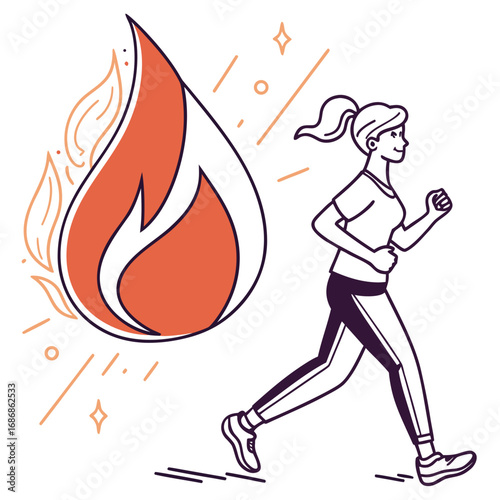 Woman running with a large flame symbol representing burning calories and fitness motivation