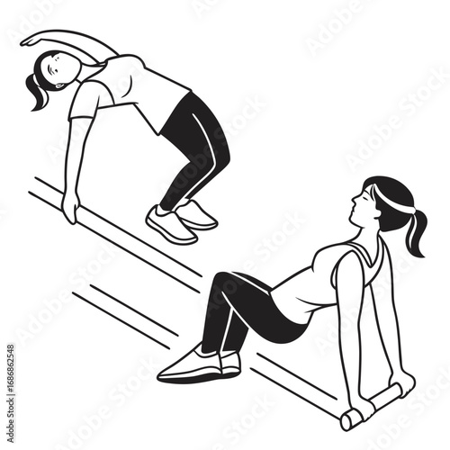 Woman performing two different exercises one with a backbend and the other with a dip using parallel bars
