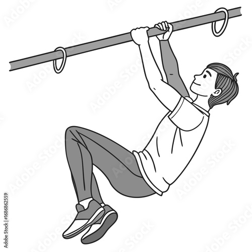 Young man with short hair performing a hanging exercise on a horizontal bar with rings