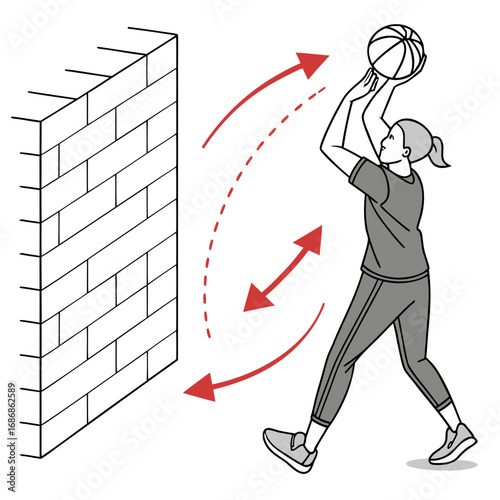 Young woman practicing basketball shots against a brick wall with directional arrows illustrating movement and trajectory