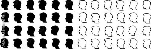 silhouette, profile, human, head, male, outline, black, white background, row, collection, set, graphic, design element, icon, vector, illustration, variety, simple, clean, modern, abstract, facial pr