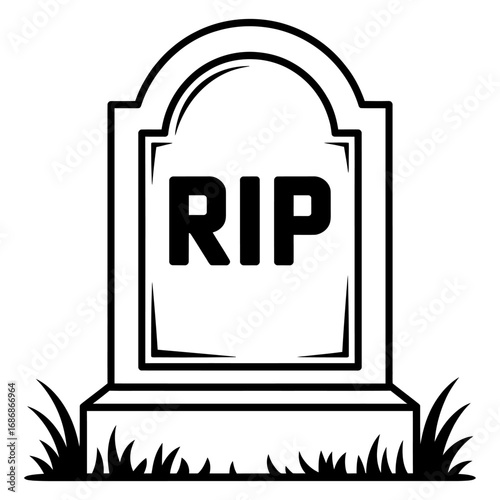 Simple RIP Tombstone Illustration in Black and White Representing Death and Remembrance Graphic Design Template