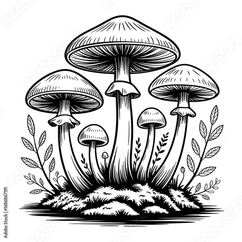 Detailed Black and White Mushroom Illustration with Foliage and Forest Floor Growing Naturally in a Wild Setting for Fantasy Art
