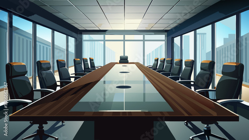 Modern boardroom with large table and chairs and city view