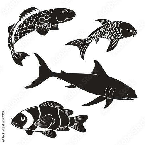 Diverse fish silhouettes on white goldfish shark