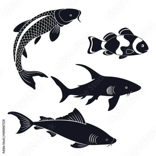 Diverse fish silhouettes on white goldfish shark