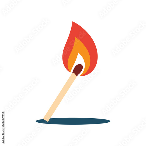 Single matchstick burning brightly with a vibrant flame creating a simple and clean graphic illustration ideal for fire safety awareness and starting a fire