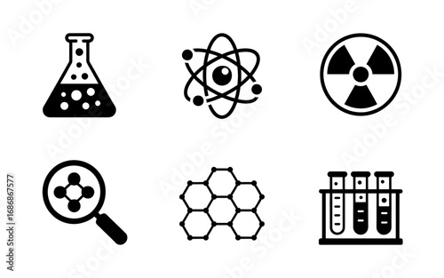 Science Icons Collection Featuring Chemistry Flasks Atoms Radioactivity Molecular Structure and Test Tubes Perfect for Educational Resources