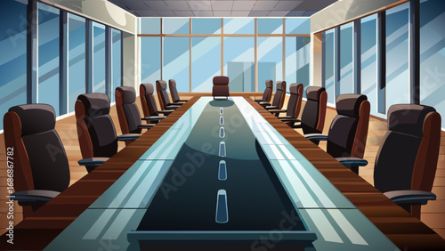 Modern boardroom with large table and chairs facing large windows