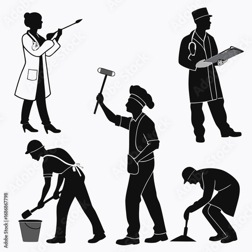 Diverse professions silhouettes doctor chef cleaner