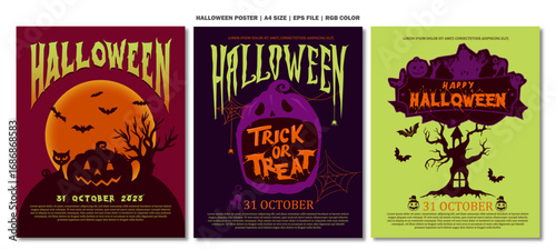 Collection of Halloween party invitations, greeting cards, and posters featuring calligraphy text, cute pumpkins, bats, and candies in night clouds. Perfect design template for ads, web, and social me