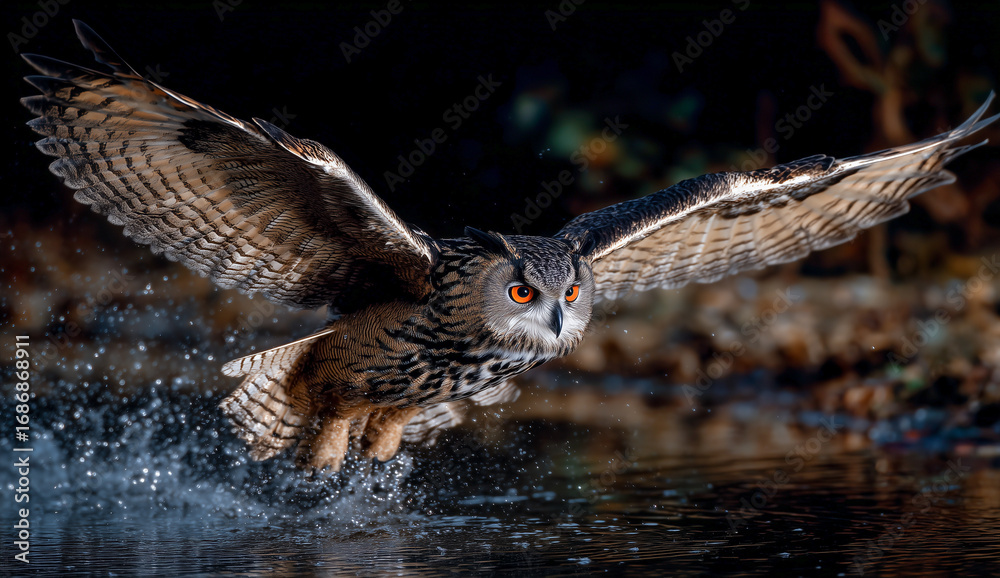 Fototapeta premium Bird of prey owl soaring up from water’s edge