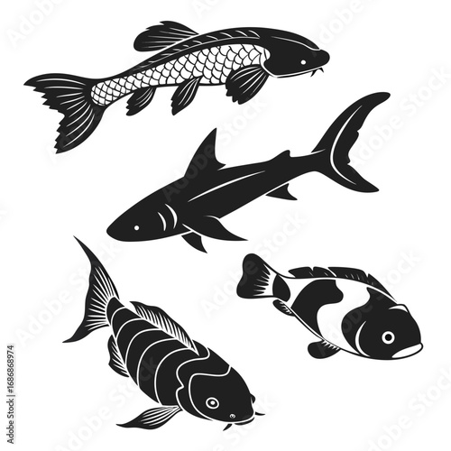 Five black fish silhouettes koi goldfish shark vector