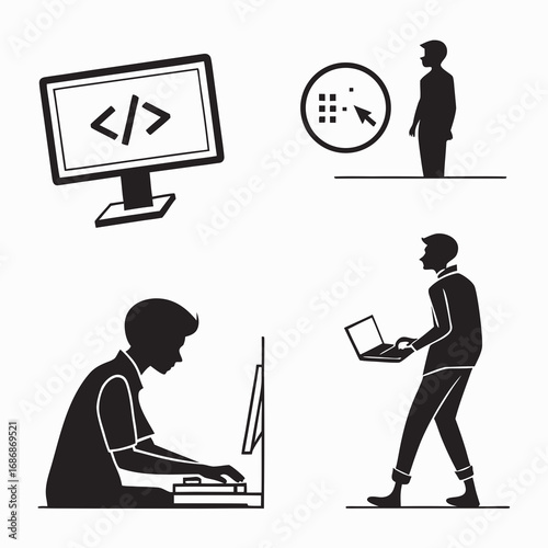 Four black silhouettes coding and programming computer