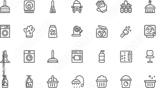 Household Cleaning and Laundry Icons | Vector Line Set of Washing Machine, Mop, Gloves, Soap, Bucket, Spray, Vacuum, Hygiene, and Sanitation Tools