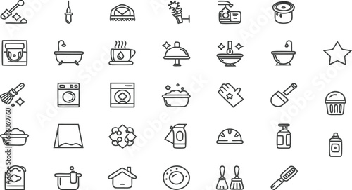 Vector Household Cleaning Icons | Line Set of Soap, Mop, Gloves, Spray, Bucket, Washing Machine, Laundry, Hygiene, and Sanitation Tools