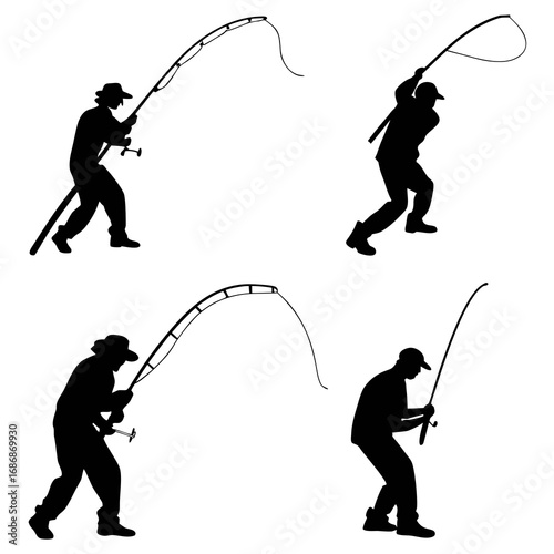Four fishermen casting rods fishing fisherman