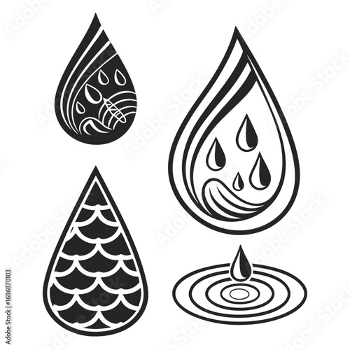 Four stylized black water drops and ripples liquid