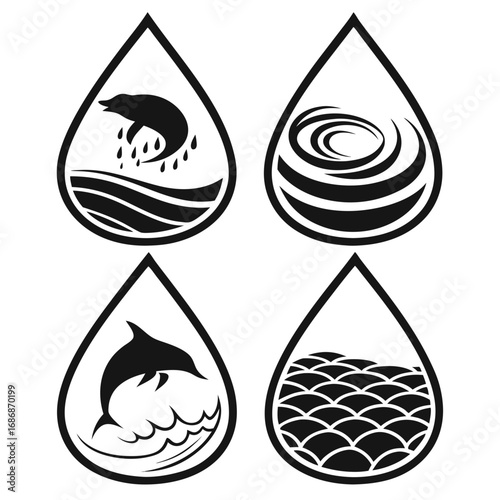 Four water drop icons with marine life and patterns