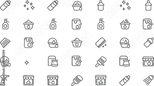 Cleaning Supplies Icons – Soap, Detergent, Bucket, Spray Bottle, Mop, Sponge, Brush, Washing Machine, Trash Bin, Hygiene Tools Set