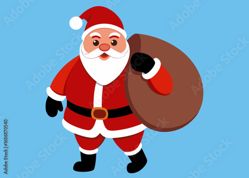 Cartoon santa claus carrying a sack of gifts on a blue background