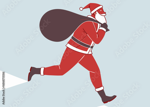 Santa claus running with a sack of gifts on a snowy day