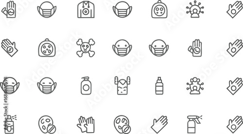Medical protection and hygiene line icons set – mask, gloves, sanitizer, spray, virus, health safety, outline vector symbols for care