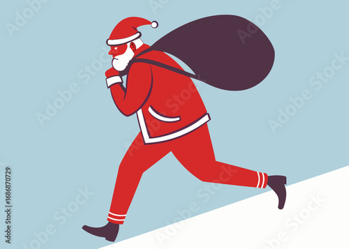Santa claus running with a large gift sack on his shoulder
