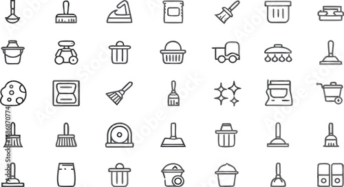 Cleaning tools line icons set – mop, broom, brush, bucket, trash bin, vacuum, detergent, hygiene, outline vector symbols for household