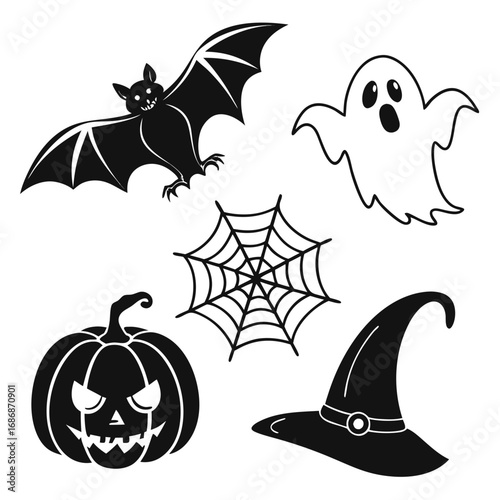 Halloween bat ghost pumpkin spiderweb witch hat vector