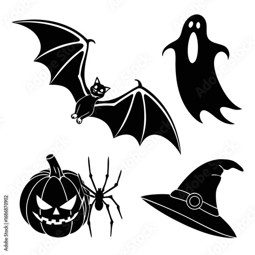 Halloween elements bat ghost pumpkin spider witch hat