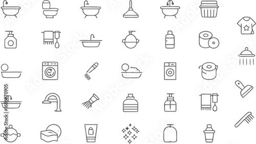 Bathroom and cleaning essentials line icons set – bathtub, sink, washing machine, soap, towel, hygiene, outline vector symbols for home