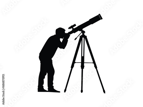 silhouette of a person looking through a telescope isolated on white background 
