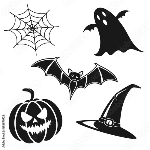 Halloween icons bat ghost pumpkin spiderweb witch hat