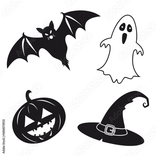 Halloween icons bat ghost pumpkin witch hat vector