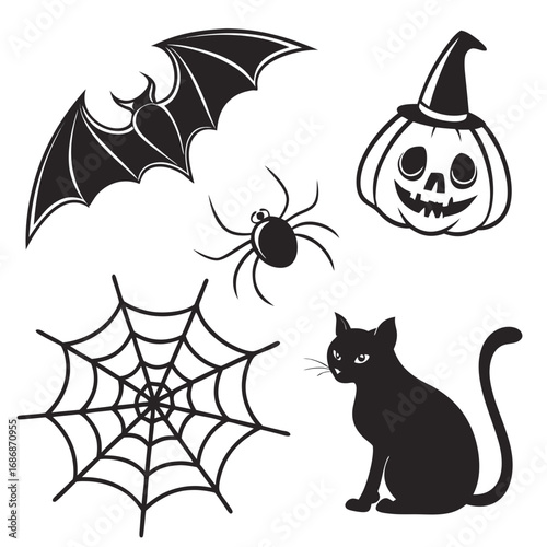 Halloween icons black bat pumpkin spider cat web ghost