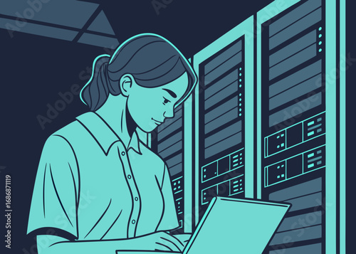 Woman working on laptop in server room with data racks