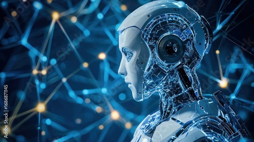 Futuristic robot head profile, digital network background.