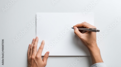 Hands holding pen writing on a blank white paper against white background.