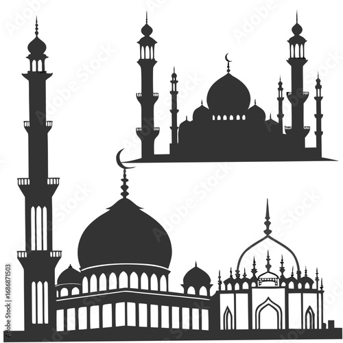 Islamic mosque silhouettes with domes and minarets