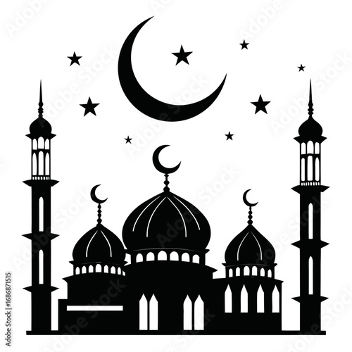 Islamic mosque with crescent and stars silhouette