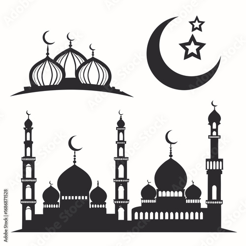 Islamic Mosques Crescent Stars Silhouette vector