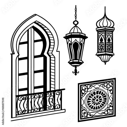 Islamic window and lanterns ornamental designs arabian