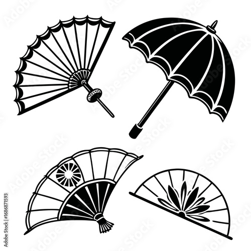 Japanese fans and umbrella black silhouettes folding umbrella