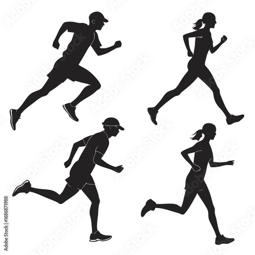 Male and female runners in motion running athletes