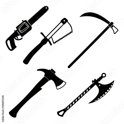 Menacing weapon silhouettes chainsaw scythe