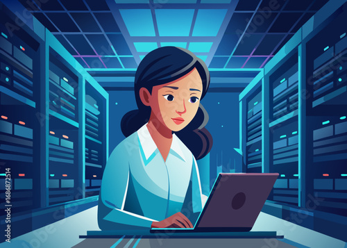 Woman working on laptop in server room